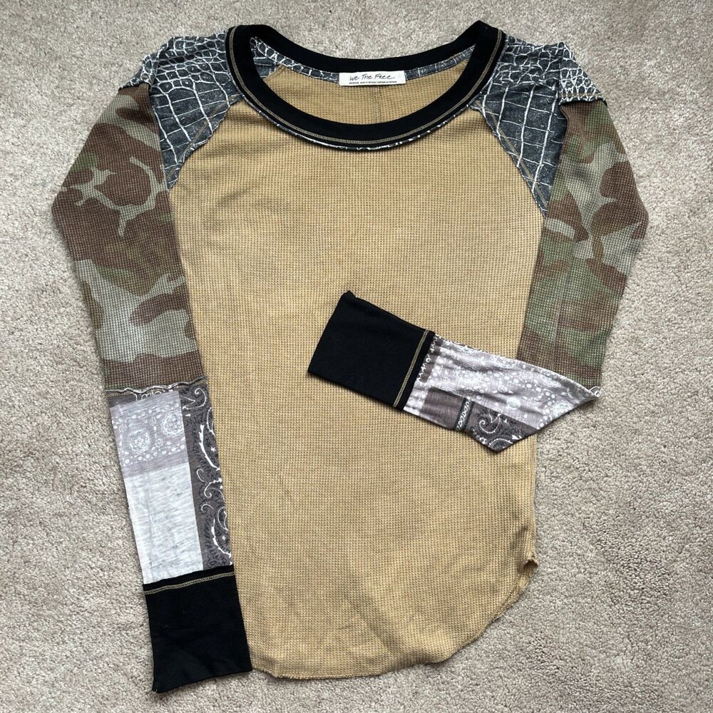 We the Free People Thermal Top Womens Medium Brown Camo Bright Side Mixed Media